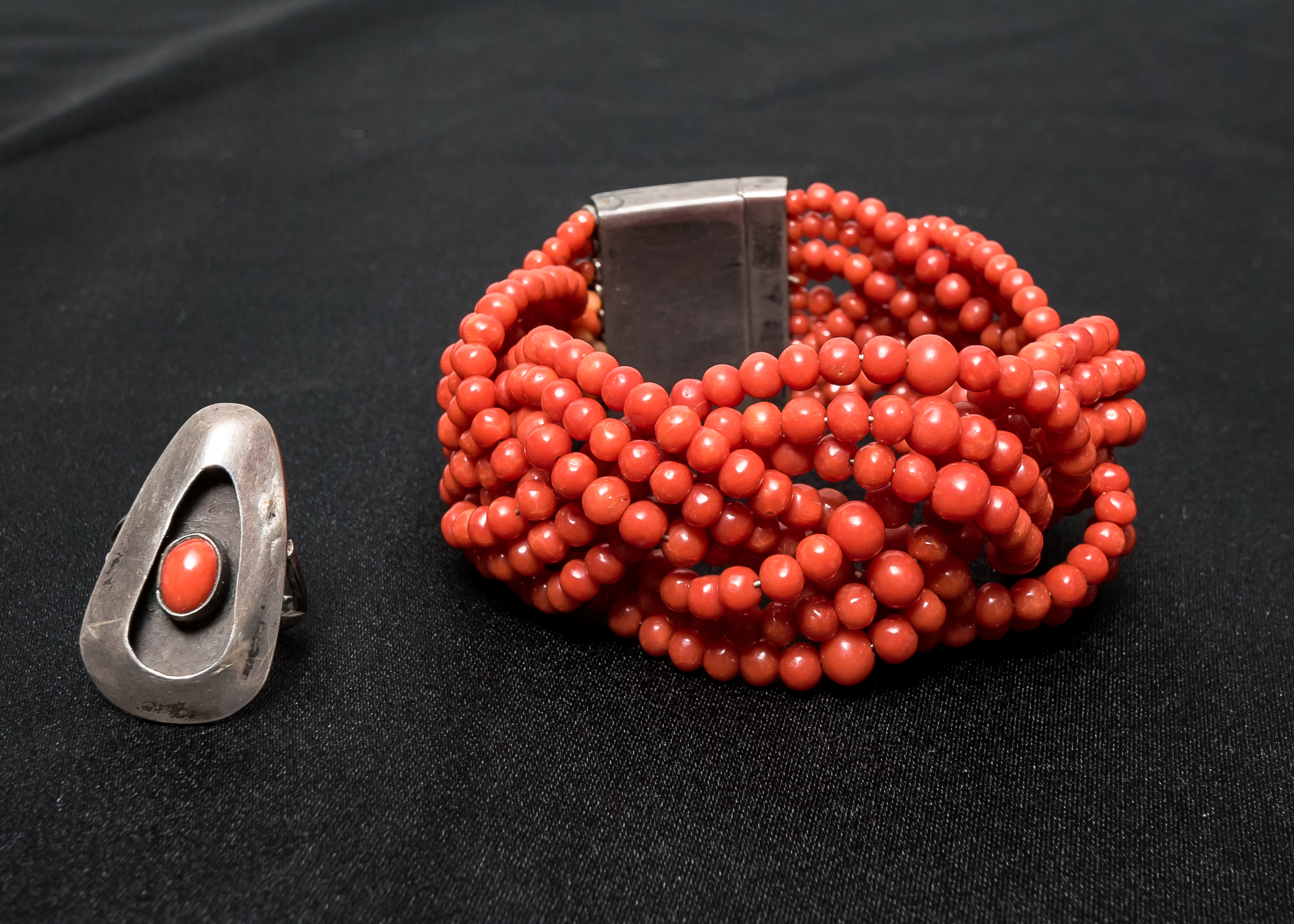 Natural Coral Bracelet with Sterling Clasp and Oxblood Coral Ring