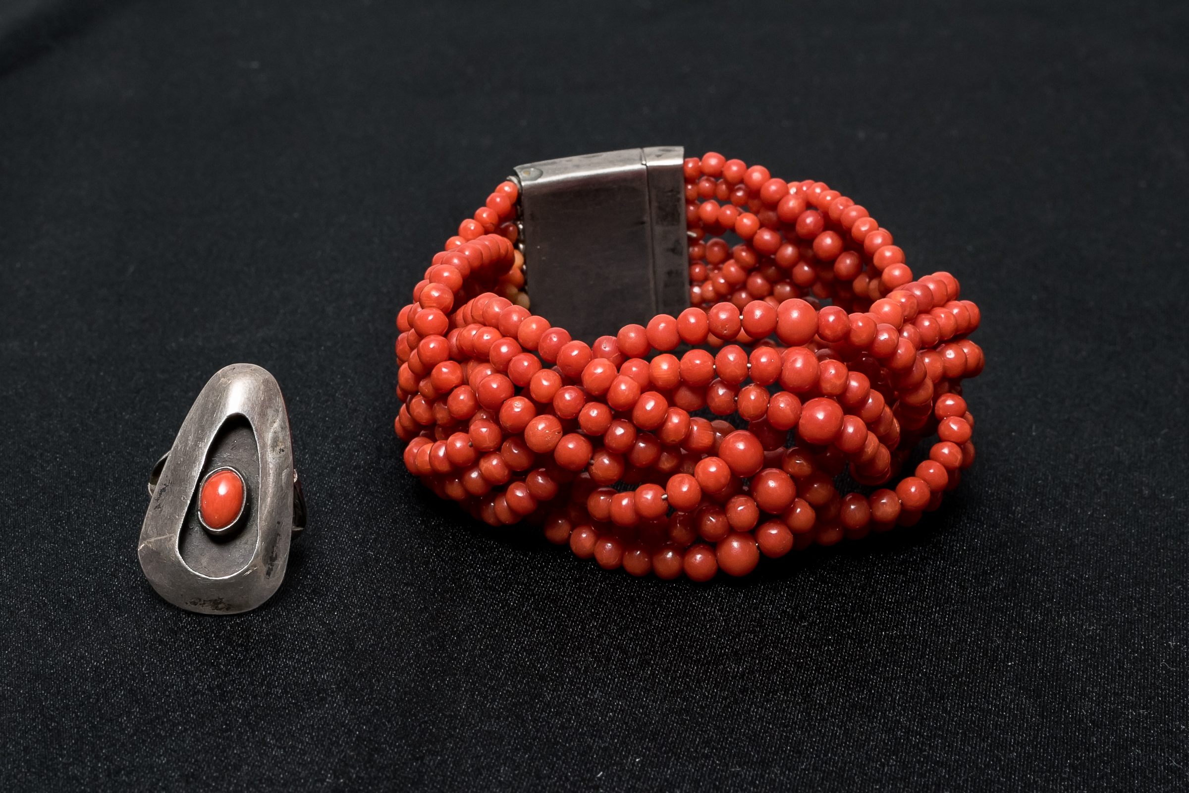 Natural Coral Bracelet with Sterling Clasp and Oxblood Coral Ring
