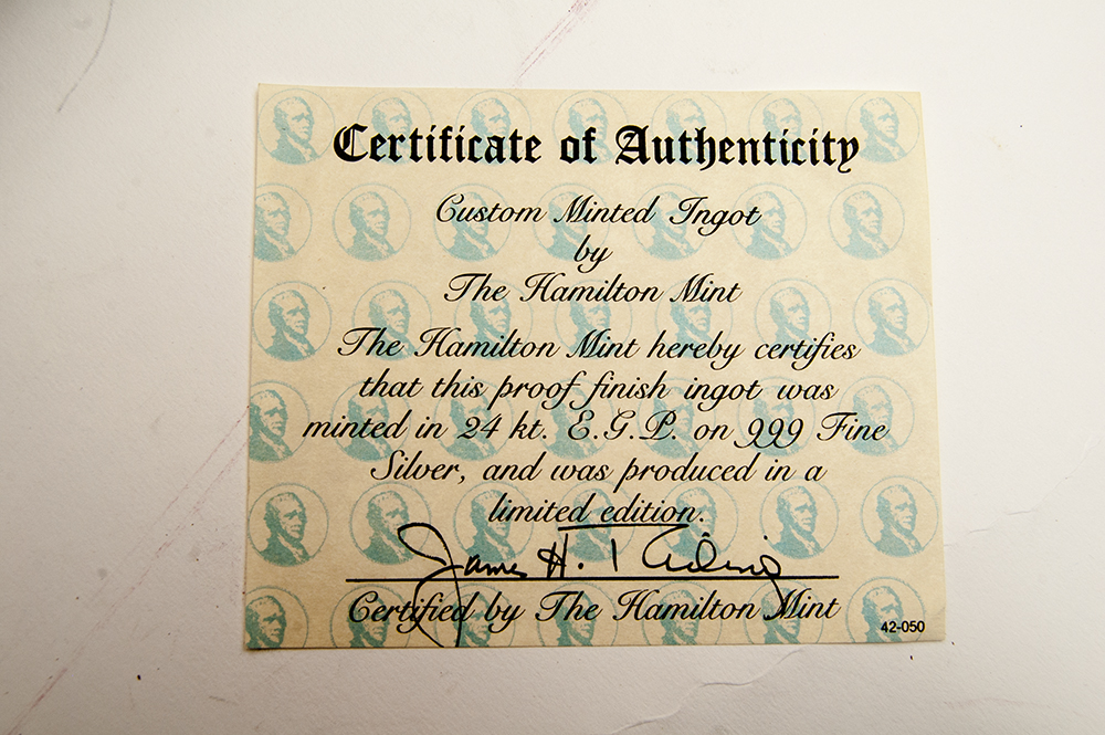 The Hamilton Mint Presidents 24kt EGP on 999 Fine Silver Ingots