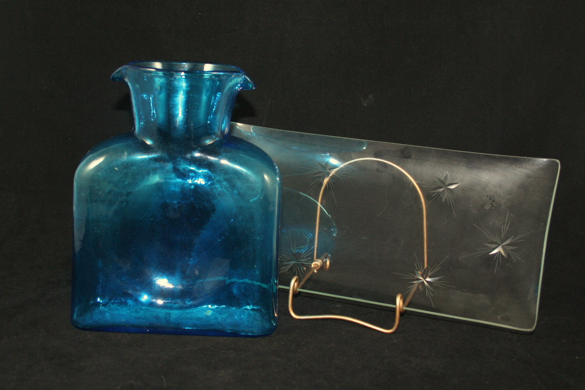 Vintage Blenko Azure Blue Water Jug and Glass Tray