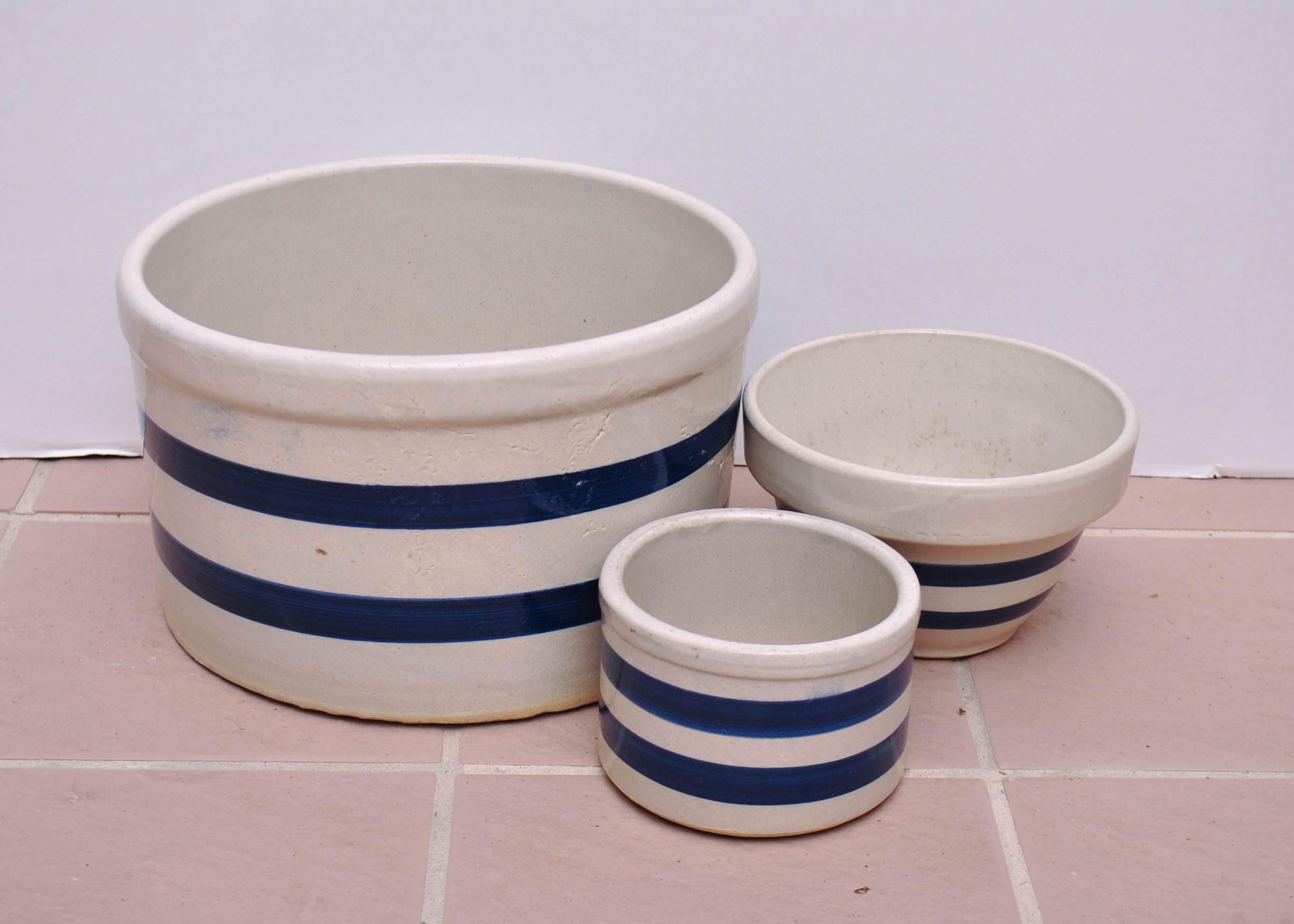 Three Blue Striped Vintage Roseville Crocks