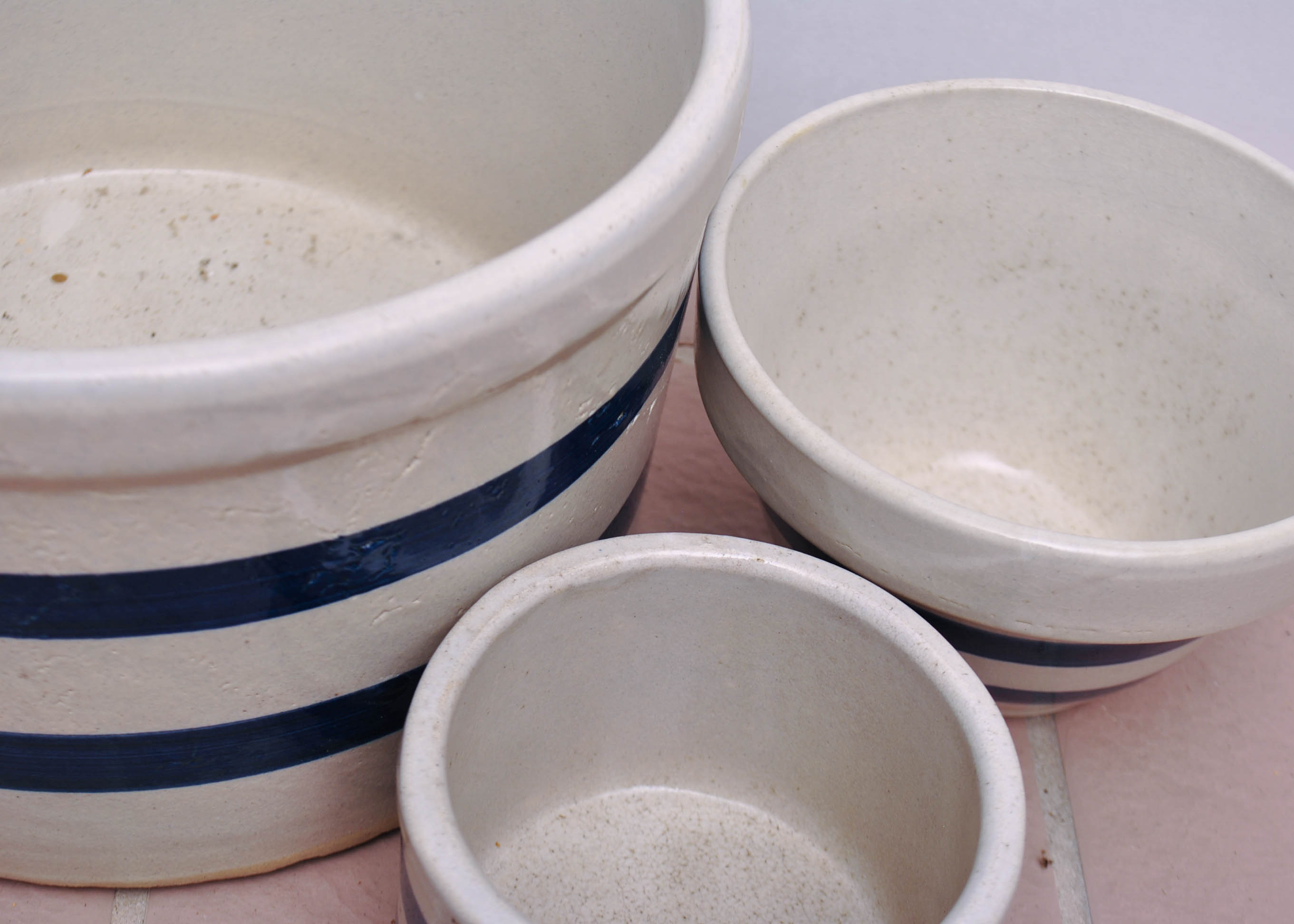 Three Blue Striped Vintage Roseville Crocks