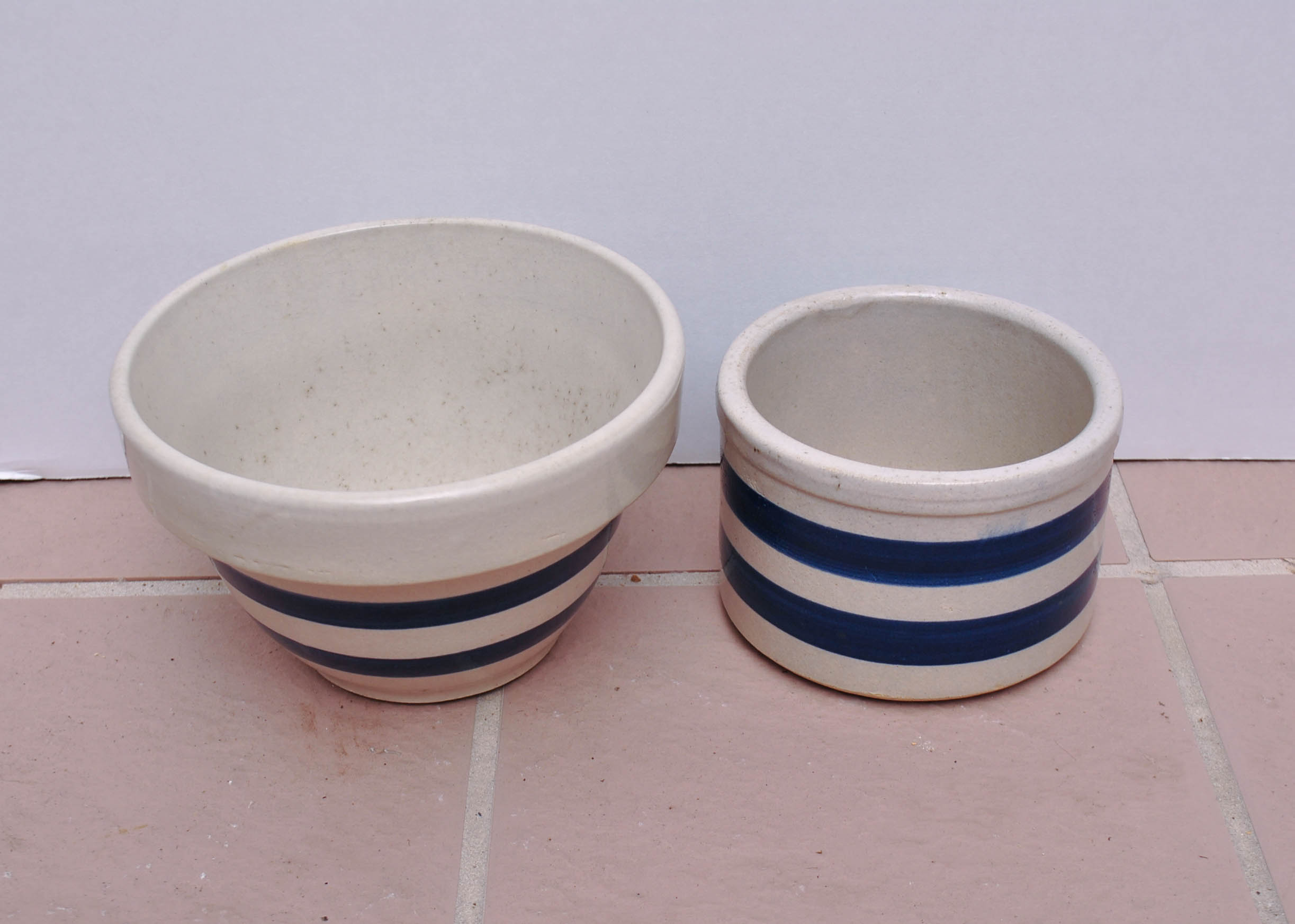 Three Blue Striped Vintage Roseville Crocks