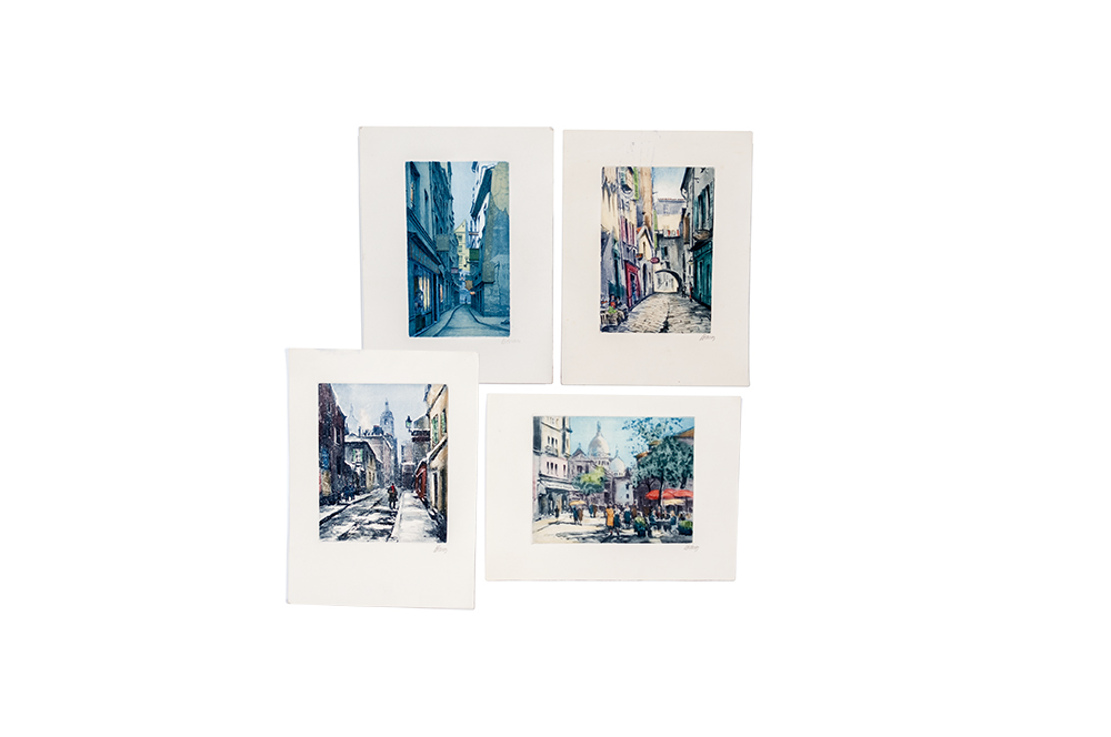 Vintage Hand Colored Etchings by Marcel Julien Baron