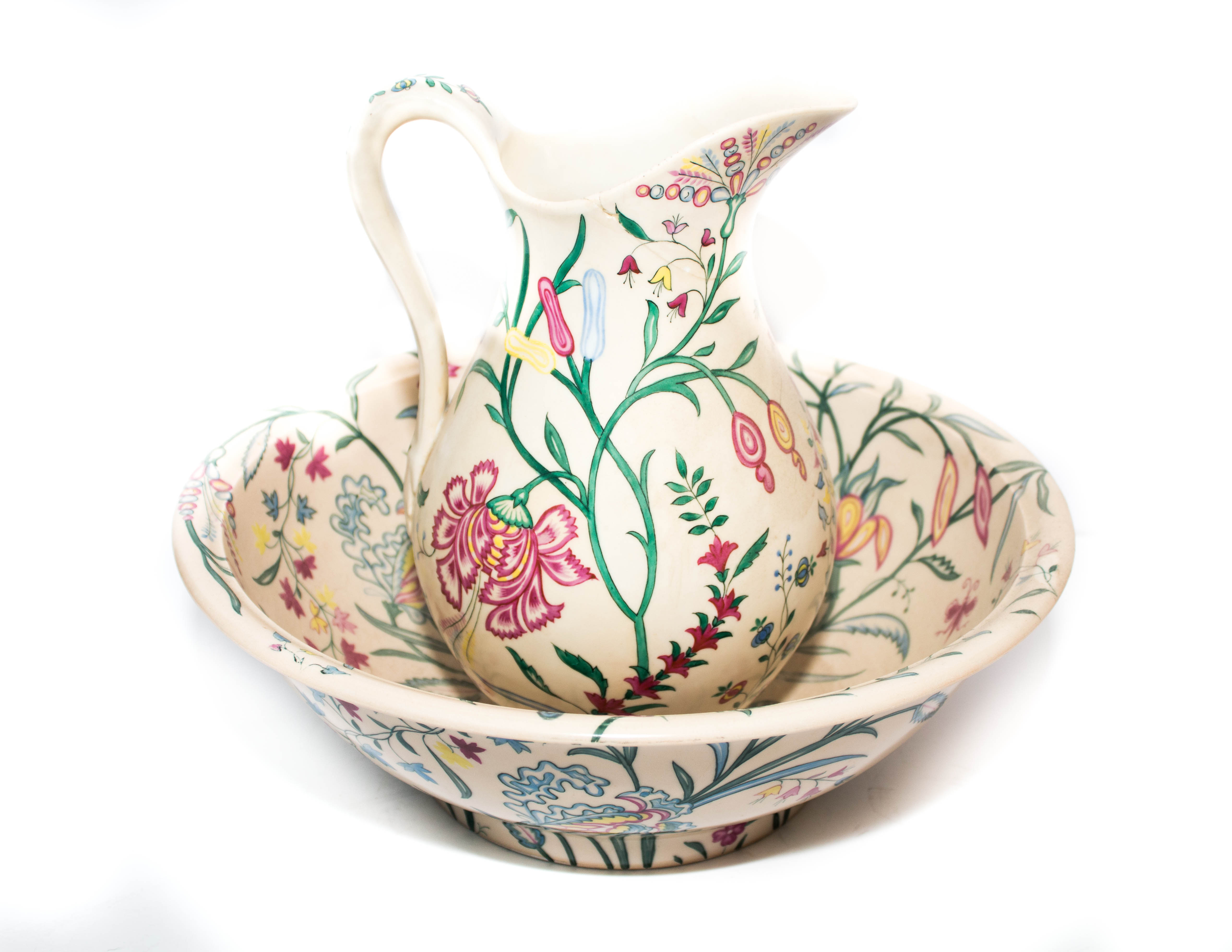 Ceramic Floral PItcher and Bowl