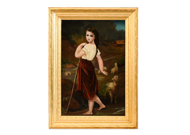 Original Antique Oil Painting of Shepherd Girl