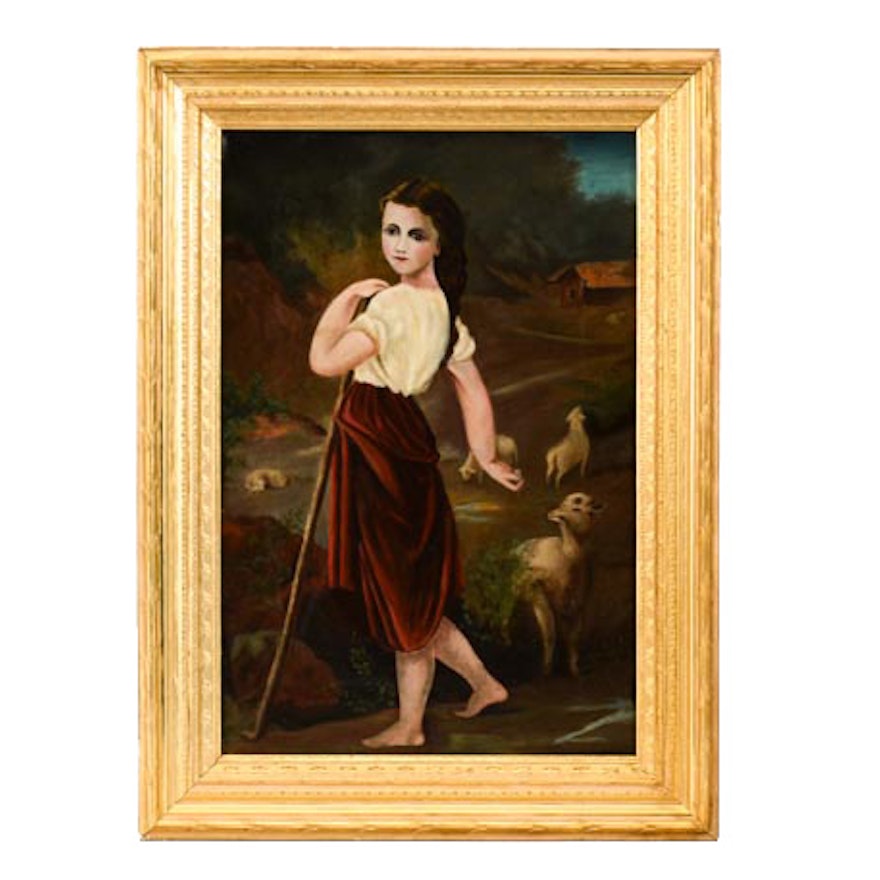 Original Antique Oil Painting of Shepherd Girl