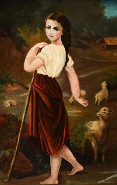 Original Antique Oil Painting of Shepherd Girl