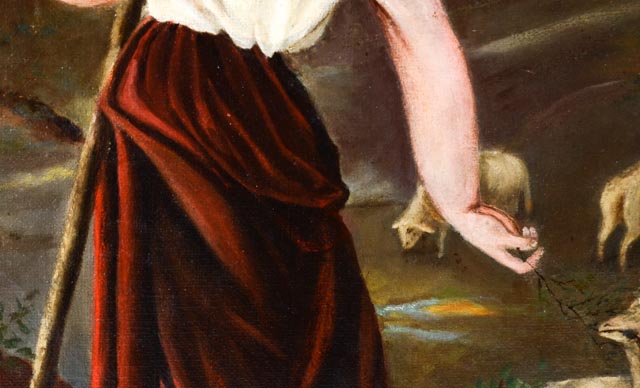 Original Antique Oil Painting of Shepherd Girl