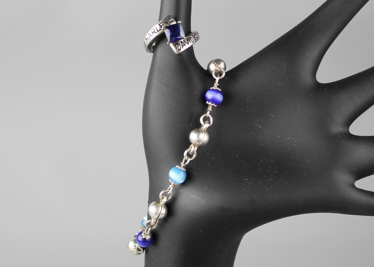 Sterling Harley Davidson Ring and Sterling Beaded Bracelet