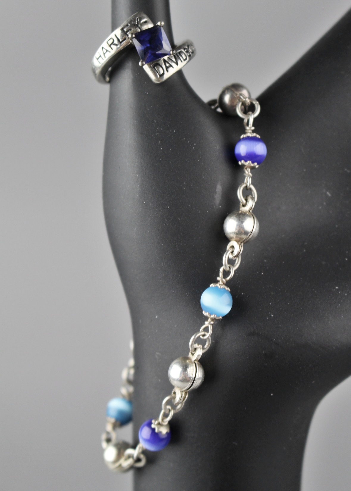 Sterling Harley Davidson Ring and Sterling Beaded Bracelet