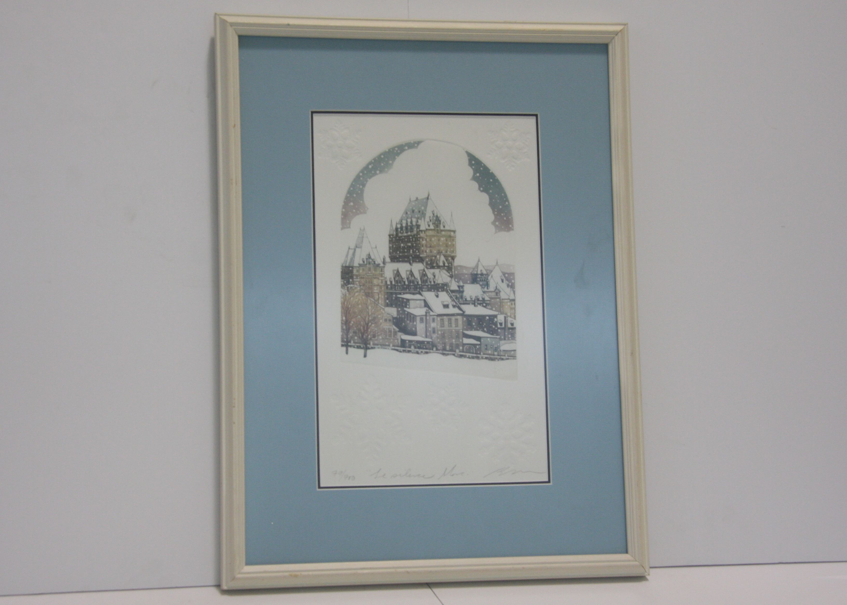 Snowy European Skyline Aquatint Etching a la Poupee