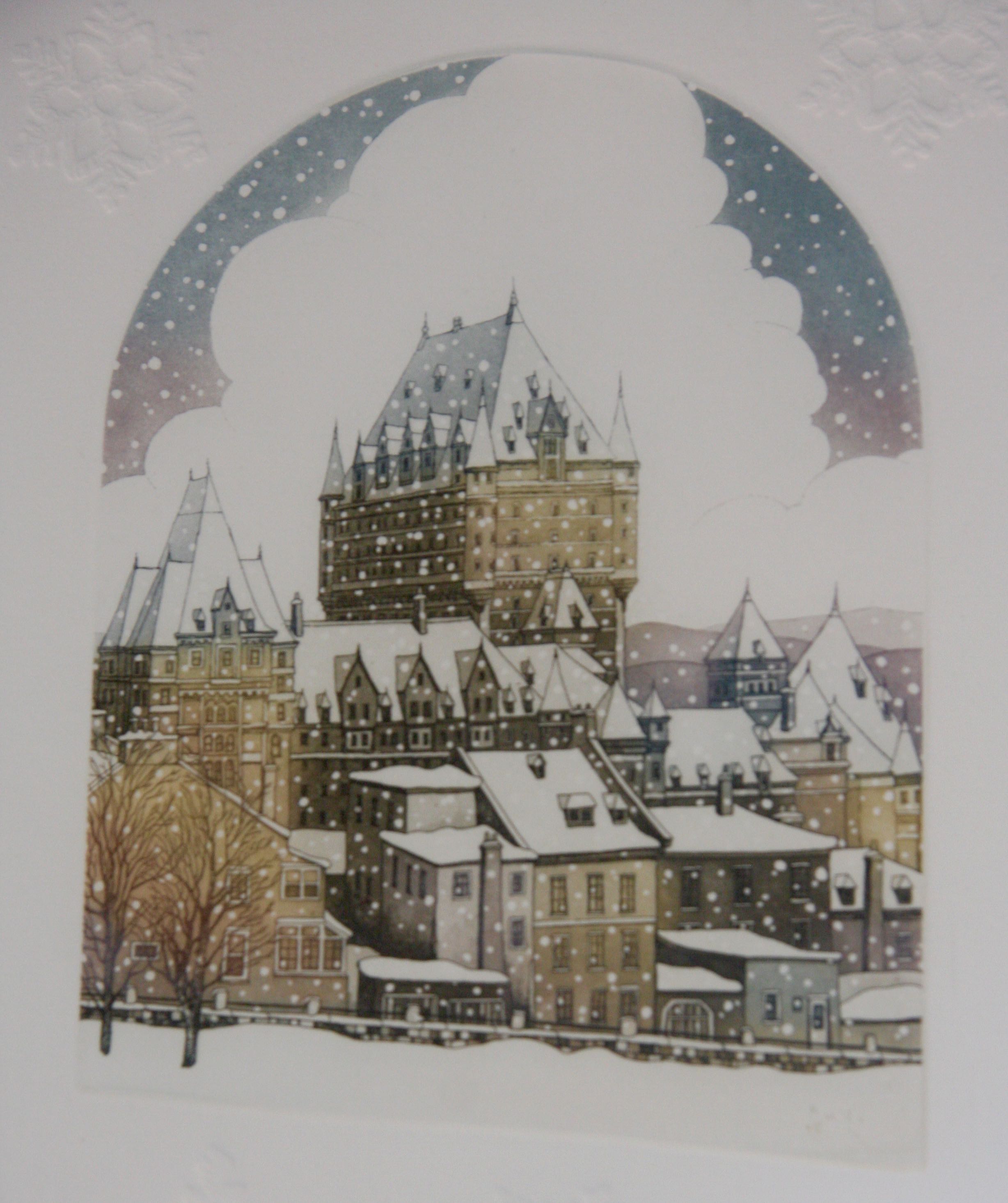 Snowy European Skyline Aquatint Etching a la Poupee