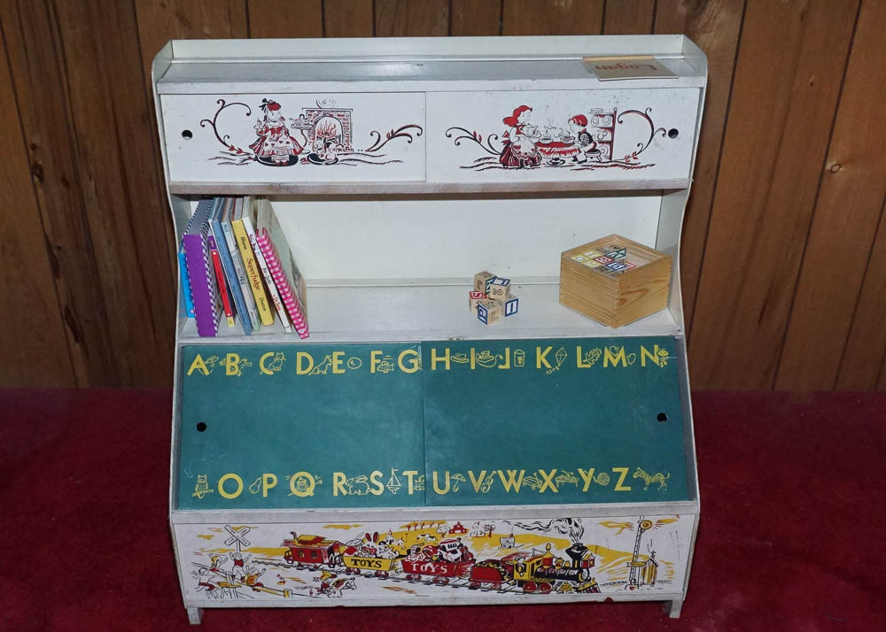 Vintage Child's Toy Box Bookcase, Books and Blocks