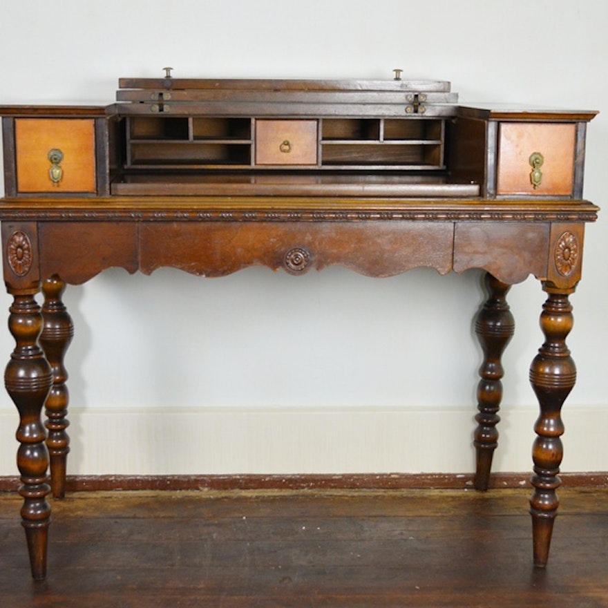 Antique Spinet Style Flip-Top Walnut Writing Desk