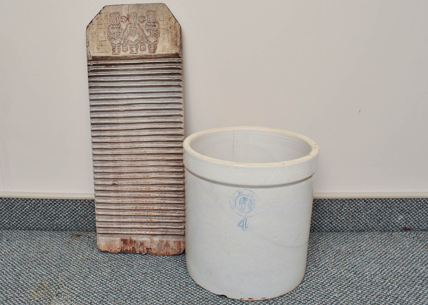 Large Number Four Crock & Washboard