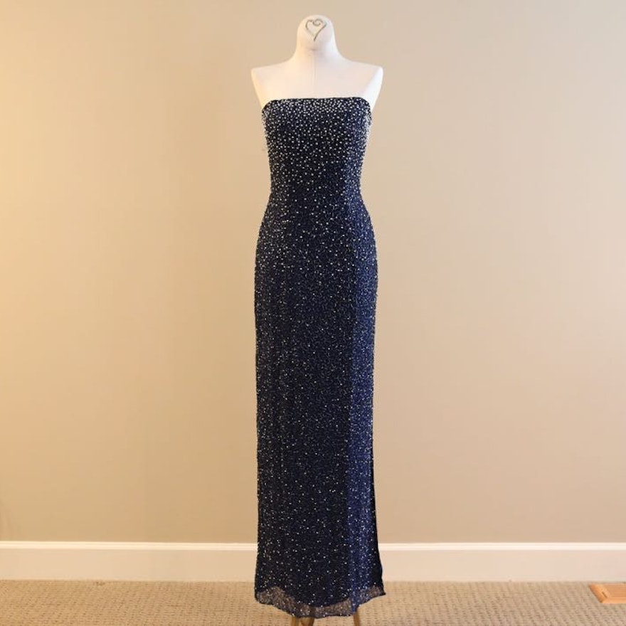 Navy Strapless Beaded Evening Gown