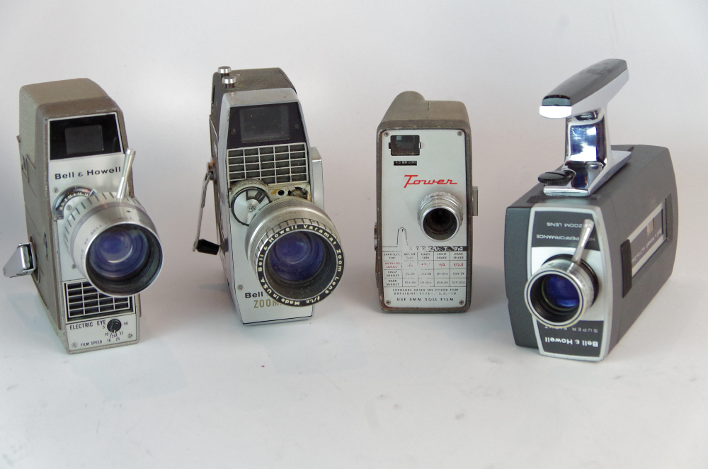 Four Vintage Handheld Movie Cameras Mostly Bell & Howell