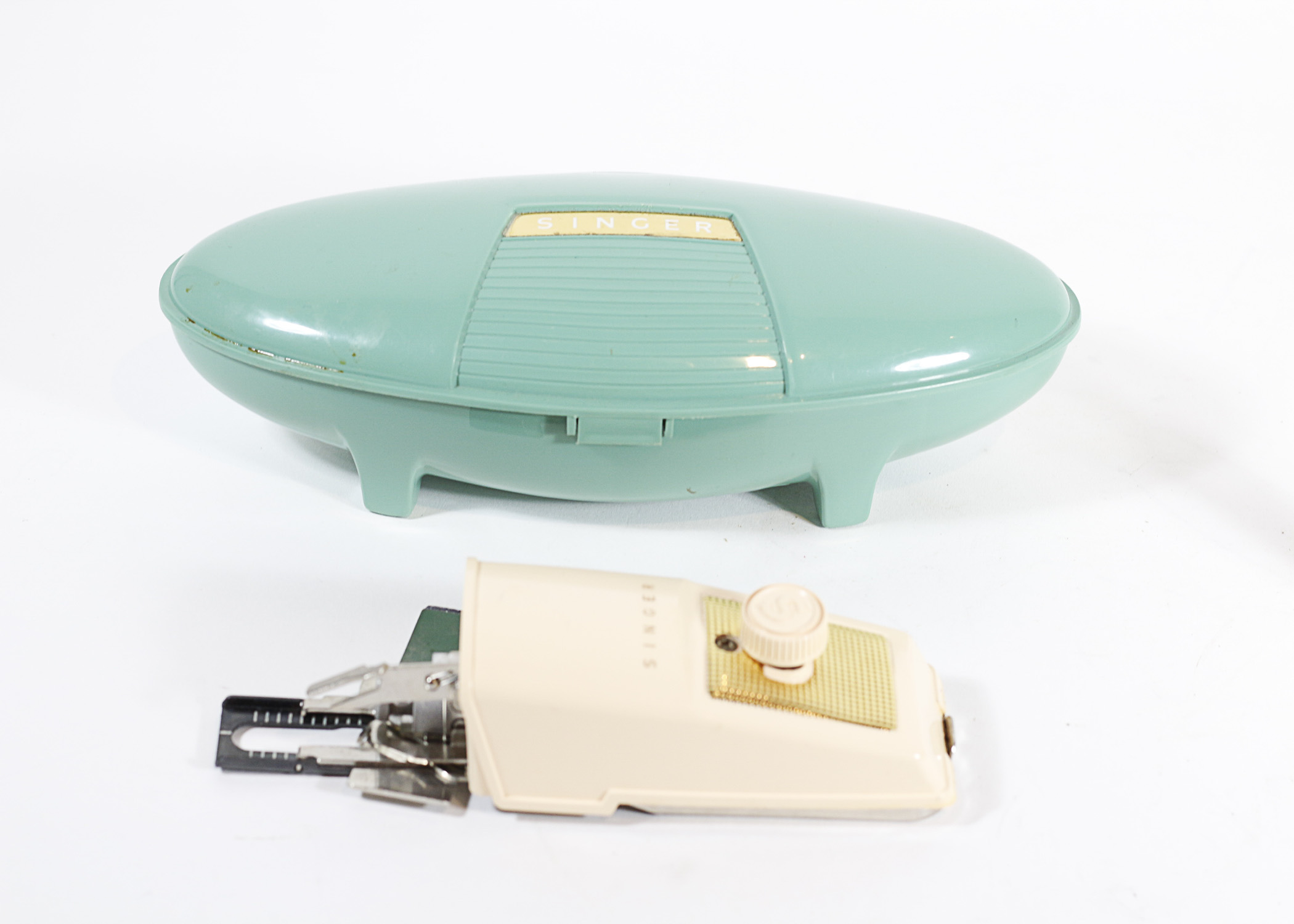 Vintage Retro Atomic Blue Singer Portable Buttonhole Attachment