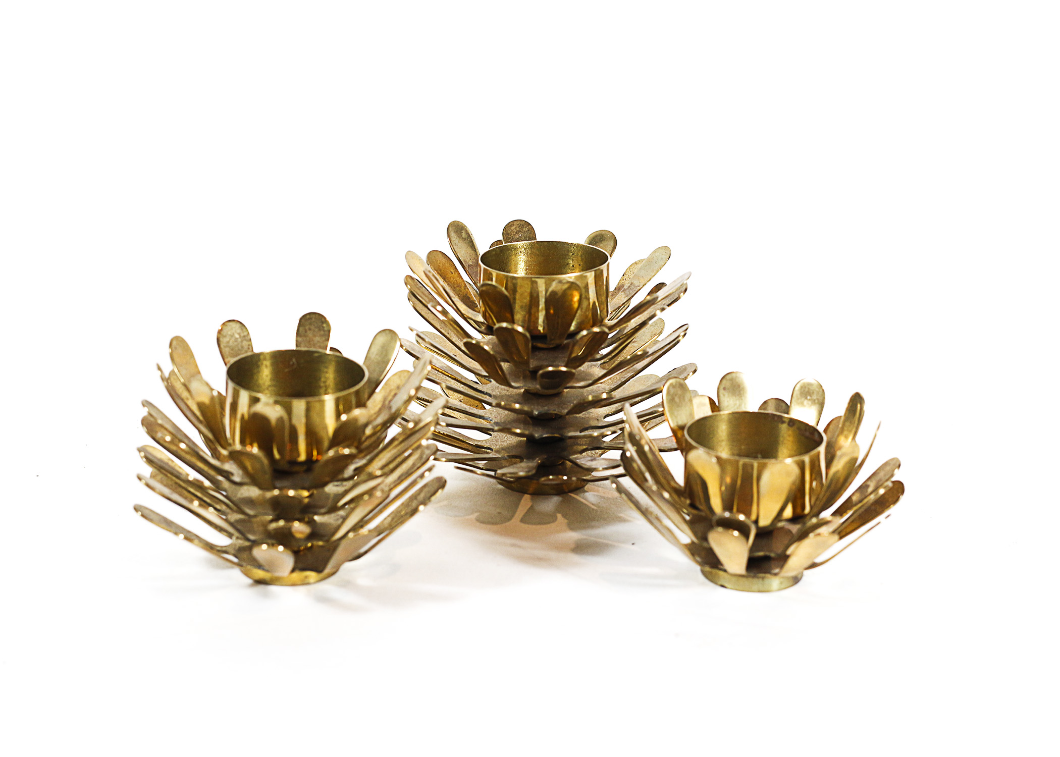 Trio of Vintage Solid Brass Pine Cone Candle Holders