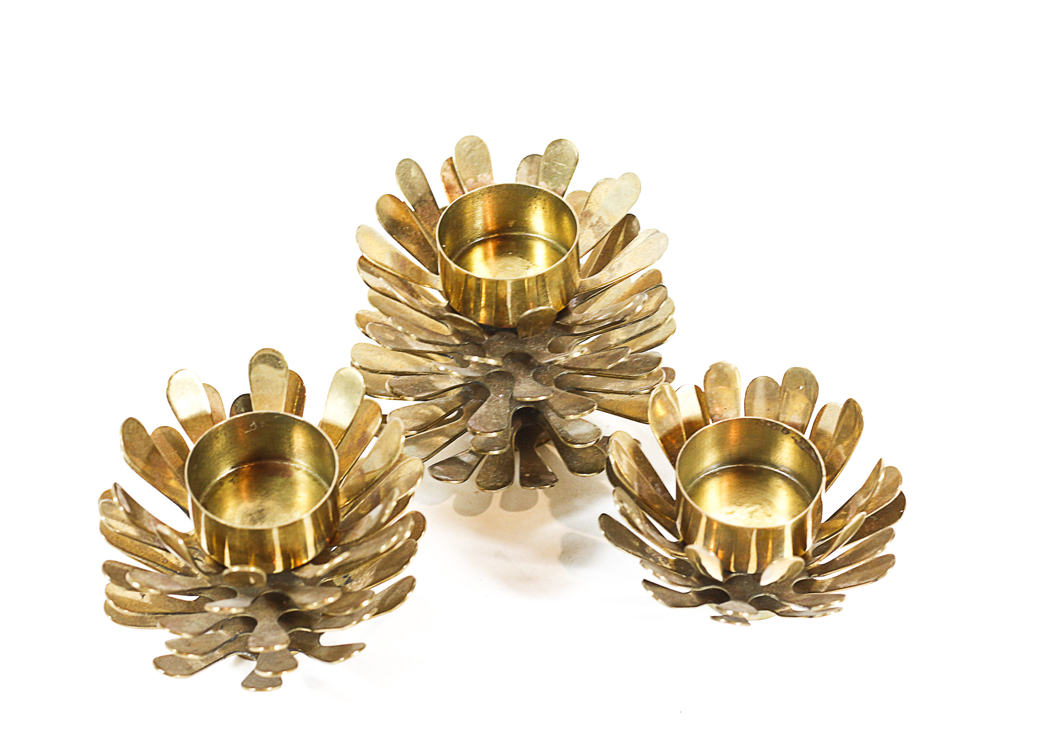 Trio of Vintage Solid Brass Pine Cone Candle Holders