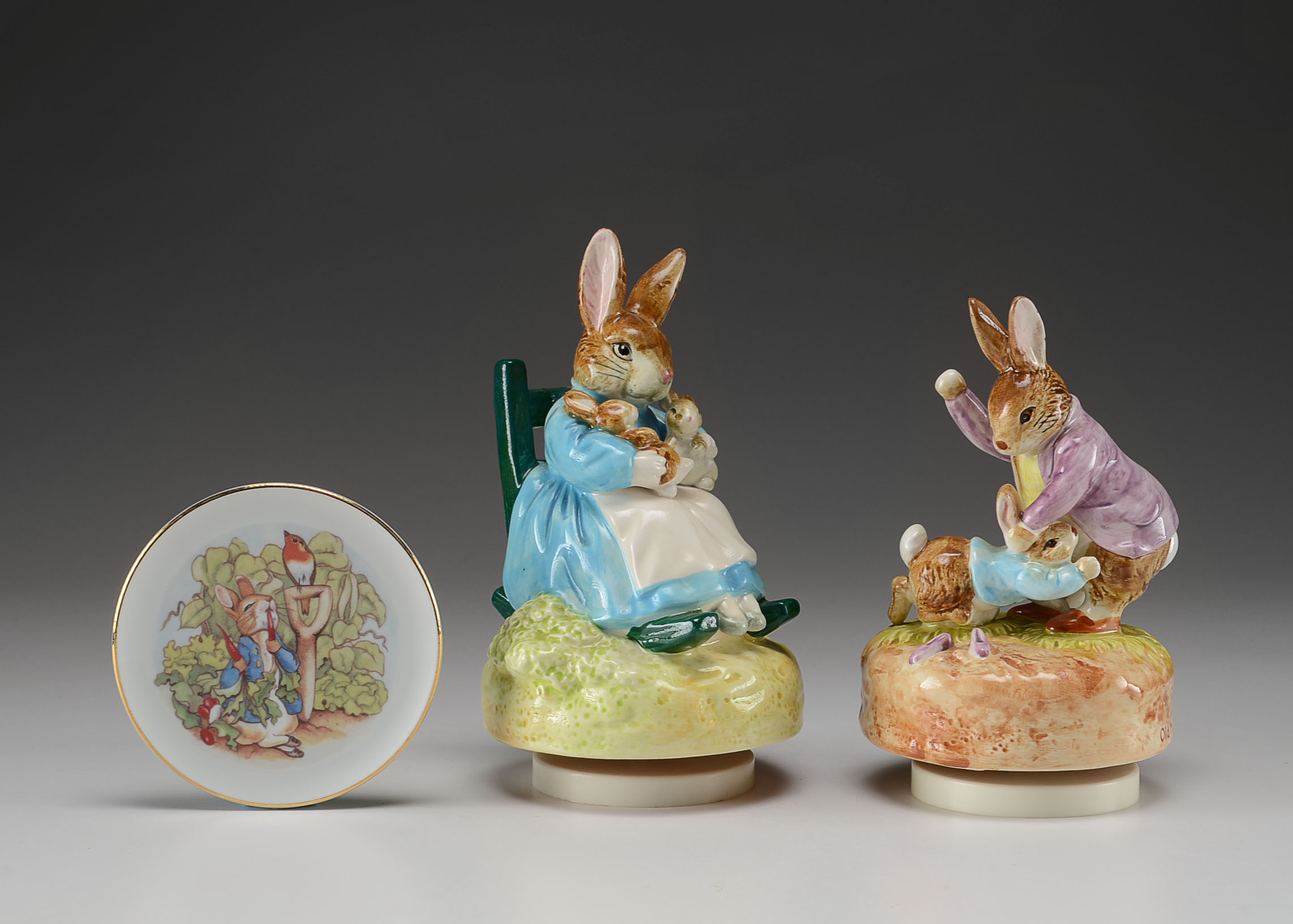 Pair of Beatrix Potter Music Boxes and Peter Rabbit Plate