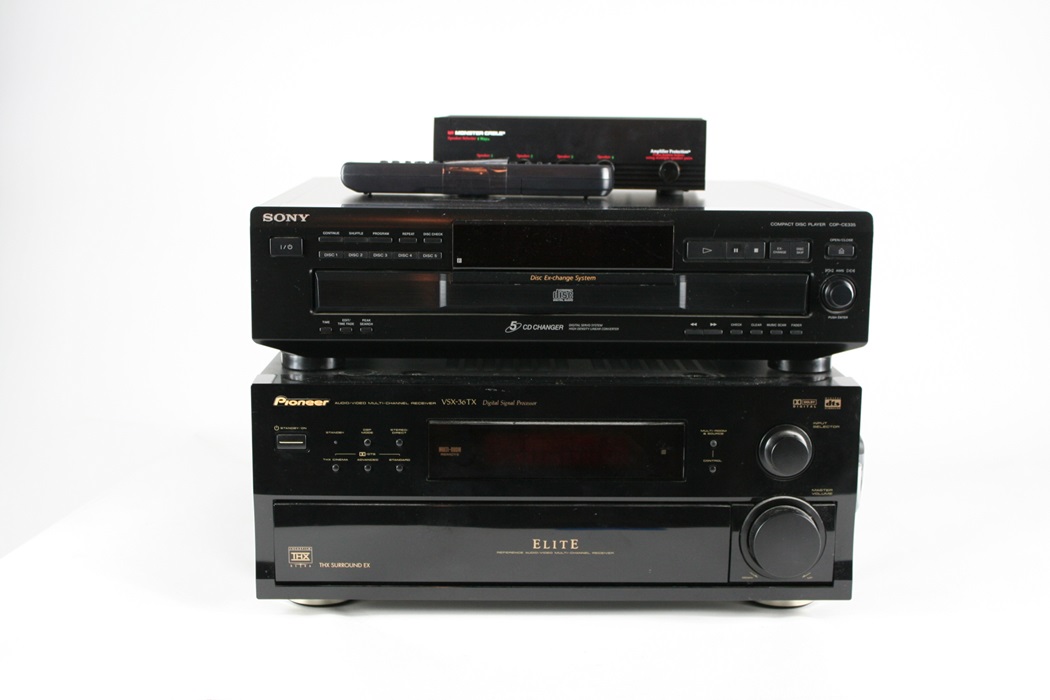 Pioneer Elite Receiver, Sony CD,  and Monster Cable Speaker Box