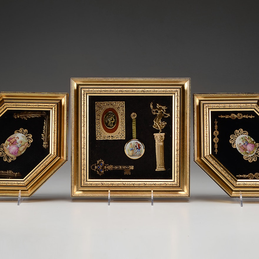 Three Framed Limoges Cabochons after Jean-Honoré Fragonard