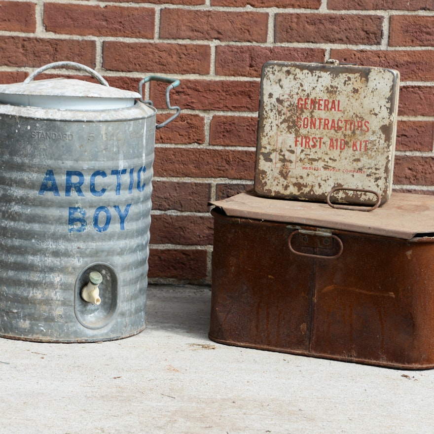 Vintage Metal Cooler, First Aid Kit, and Storage Box