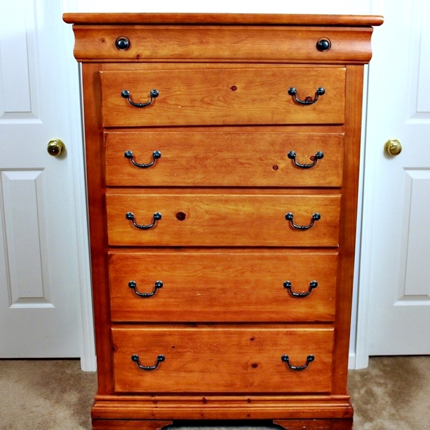 Tall Traditional Cherry Stained Pine Bedroom Bureau Dresser