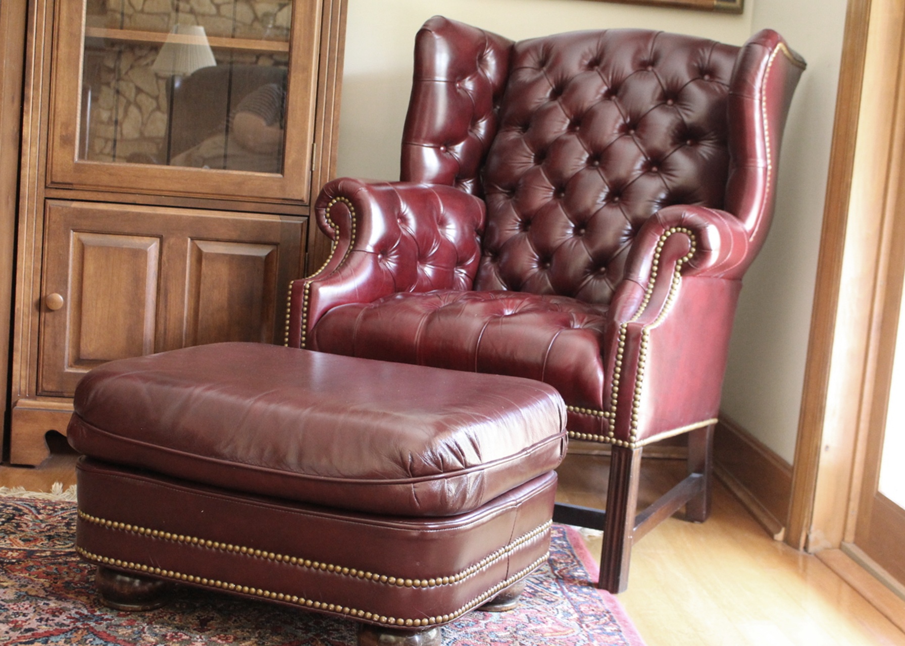 Hancock & Moore Burgundy Leather Wing Back Chair and Ottoman