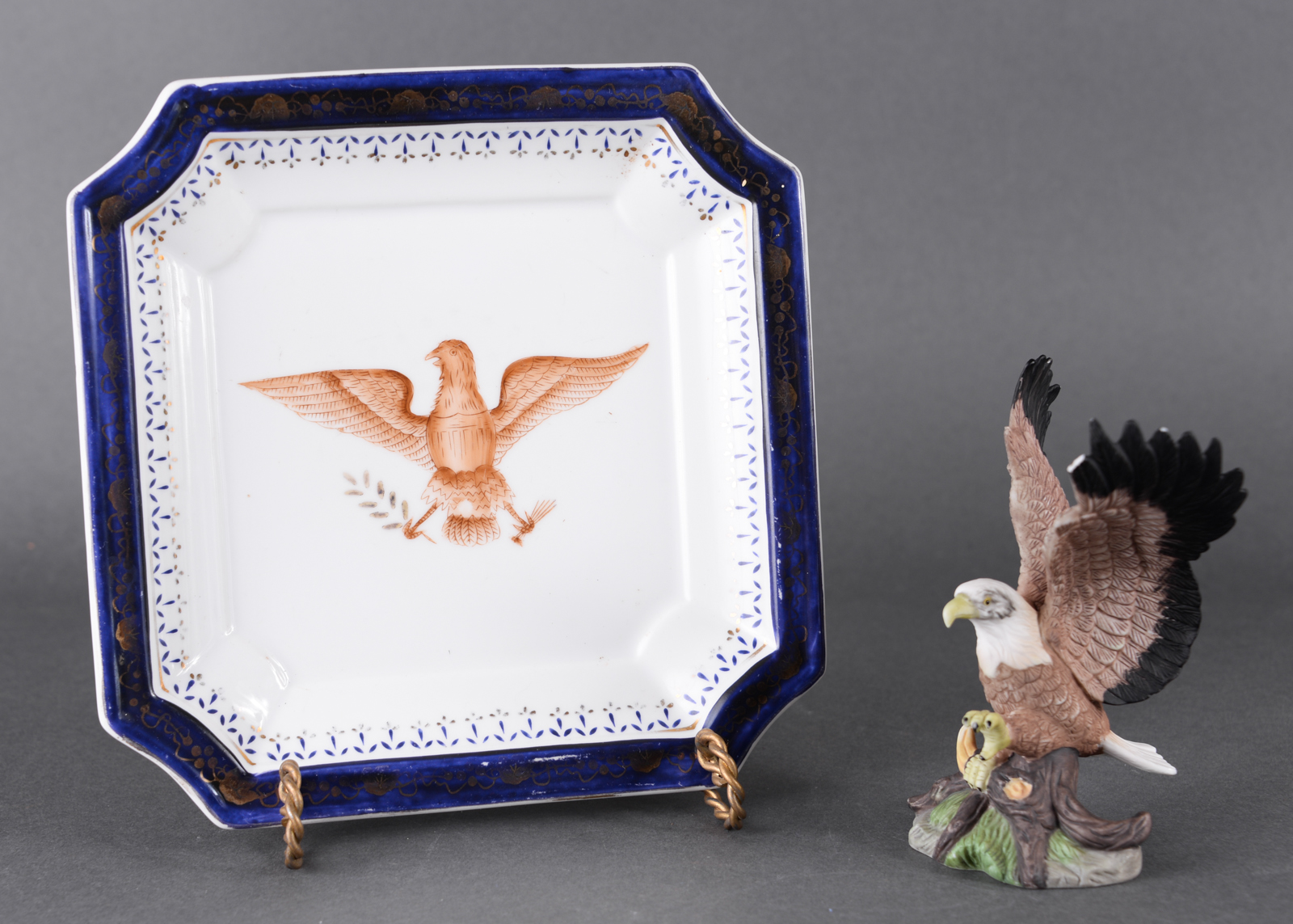 Porcelain Eagle Figurine and Vintage China Plate
