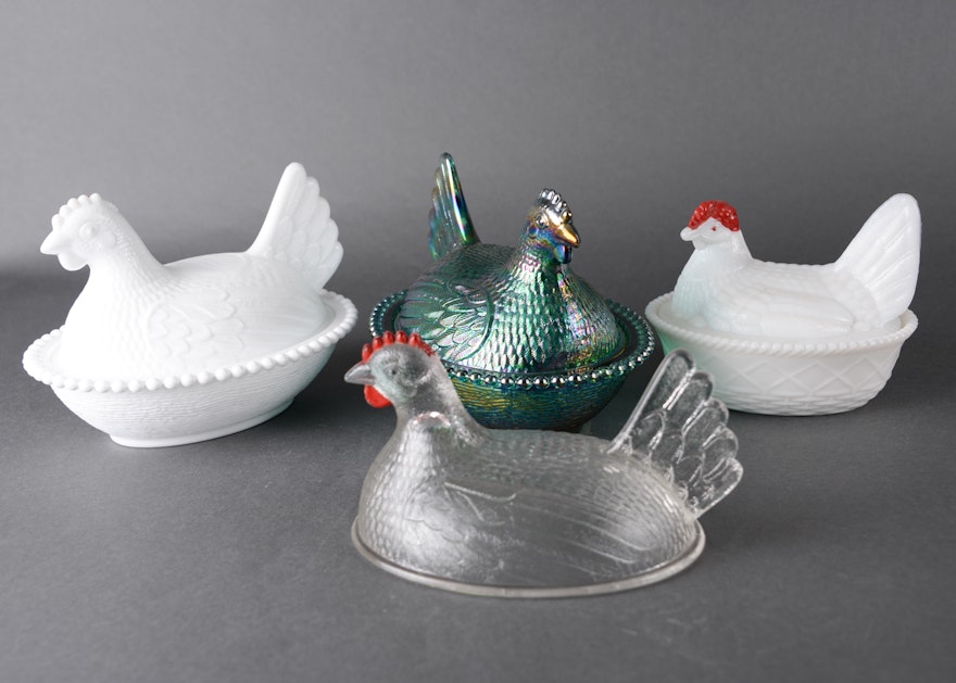 Pressed Glass Hen Dishes