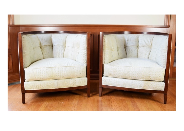 Pair of Chic Thomasville Barrel Chairs in Croc Stamped Leather