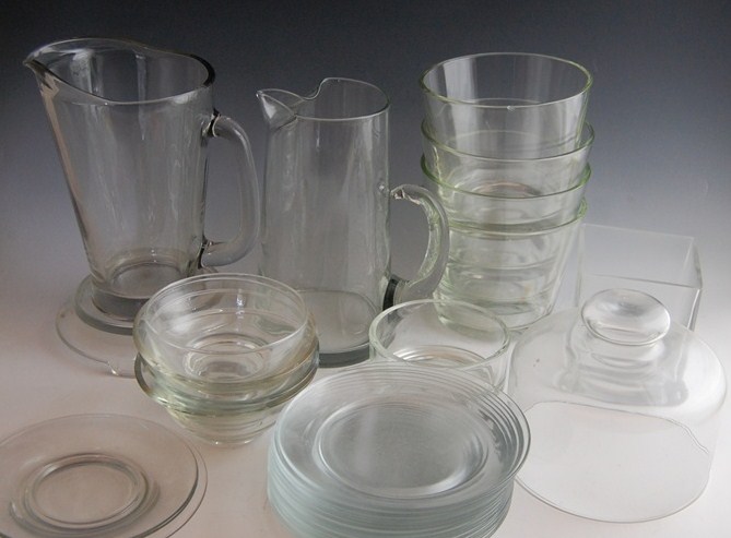 Modern Glassware with Pitchers, Plates and Bowls