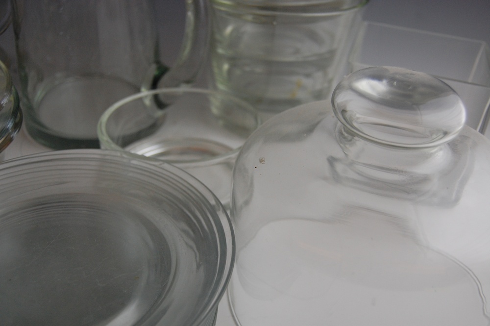 Modern Glassware with Pitchers, Plates and Bowls