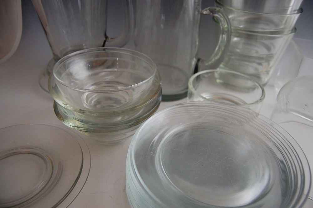 Modern Glassware with Pitchers, Plates and Bowls