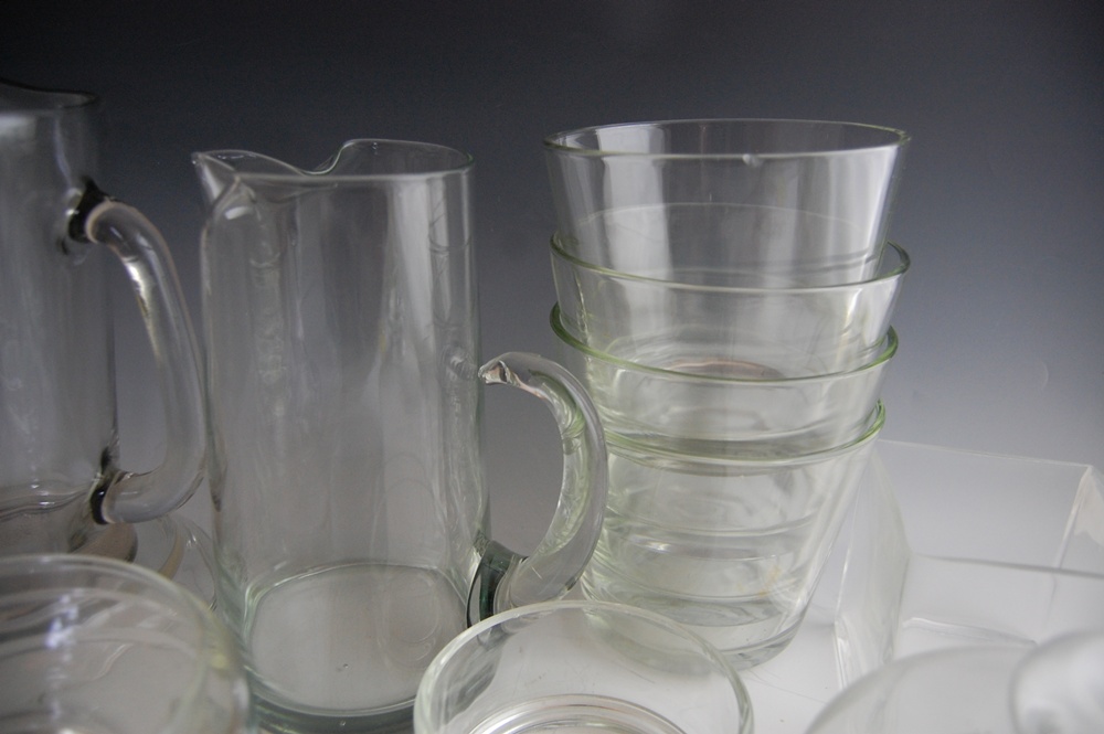 Modern Glassware with Pitchers, Plates and Bowls