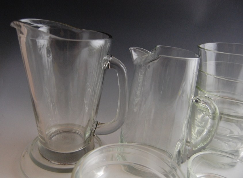 Modern Glassware with Pitchers, Plates and Bowls