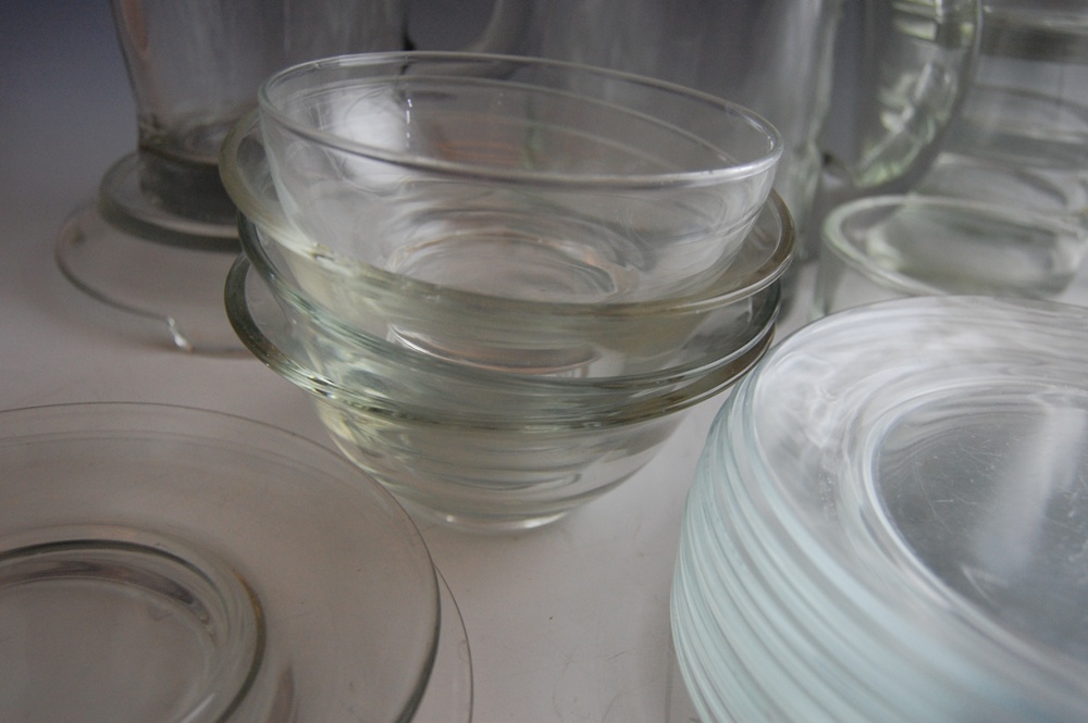 Modern Glassware with Pitchers, Plates and Bowls