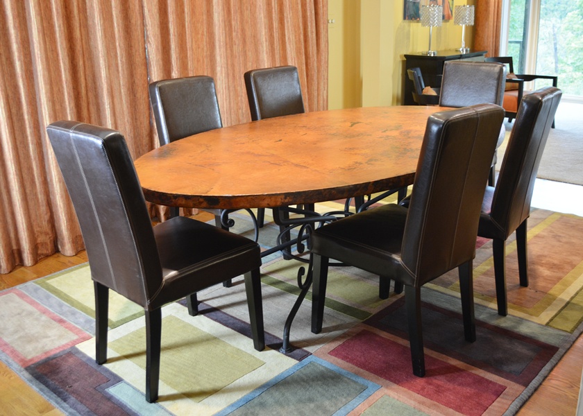 Arhaus Copper Arabesque Dining Table and Eight Leather Chairs