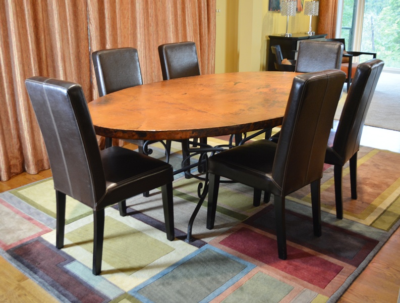 Arhaus Copper Arabesque Dining Table and Eight Leather Chairs