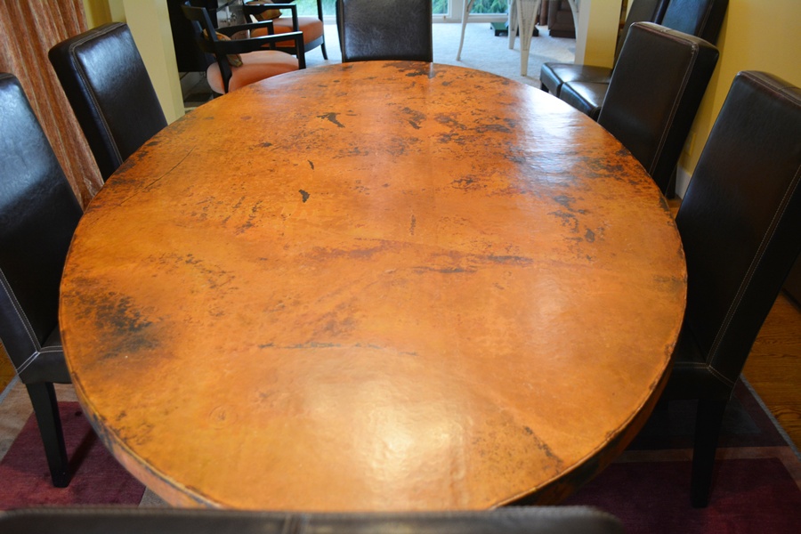 Arhaus Copper Arabesque Dining Table and Eight Leather Chairs
