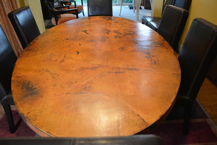 Arhaus Copper Arabesque Dining Table and Eight Leather Chairs