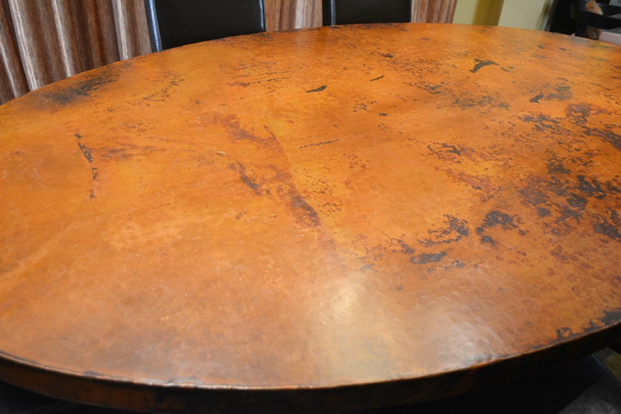 Arhaus Copper Arabesque Dining Table and Eight Leather Chairs