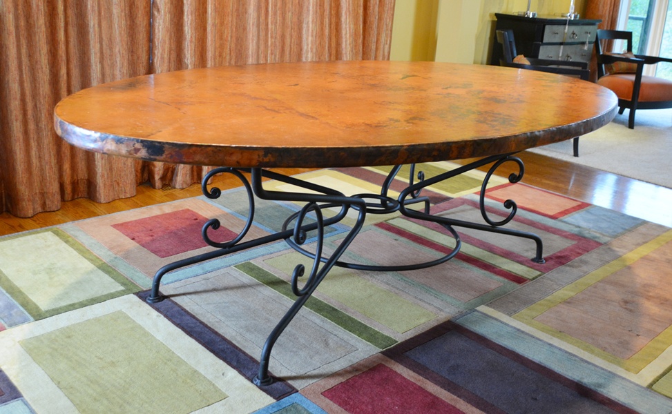 Arhaus Copper Arabesque Dining Table and Eight Leather Chairs