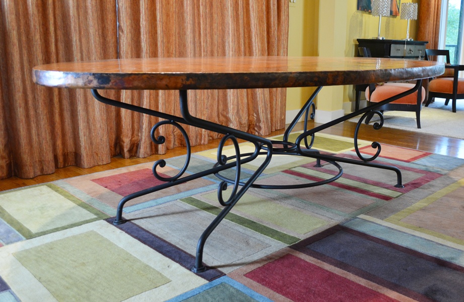 Arhaus Copper Arabesque Dining Table and Eight Leather Chairs