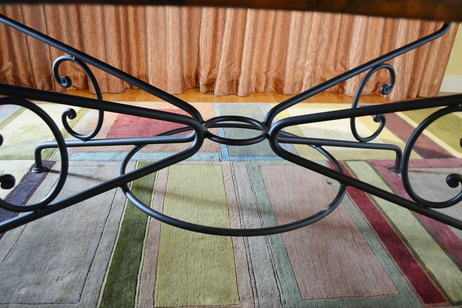 Arhaus Copper Arabesque Dining Table and Eight Leather Chairs