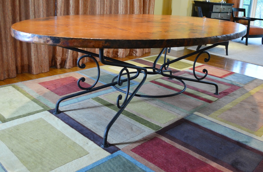 Arhaus Copper Arabesque Dining Table and Eight Leather Chairs