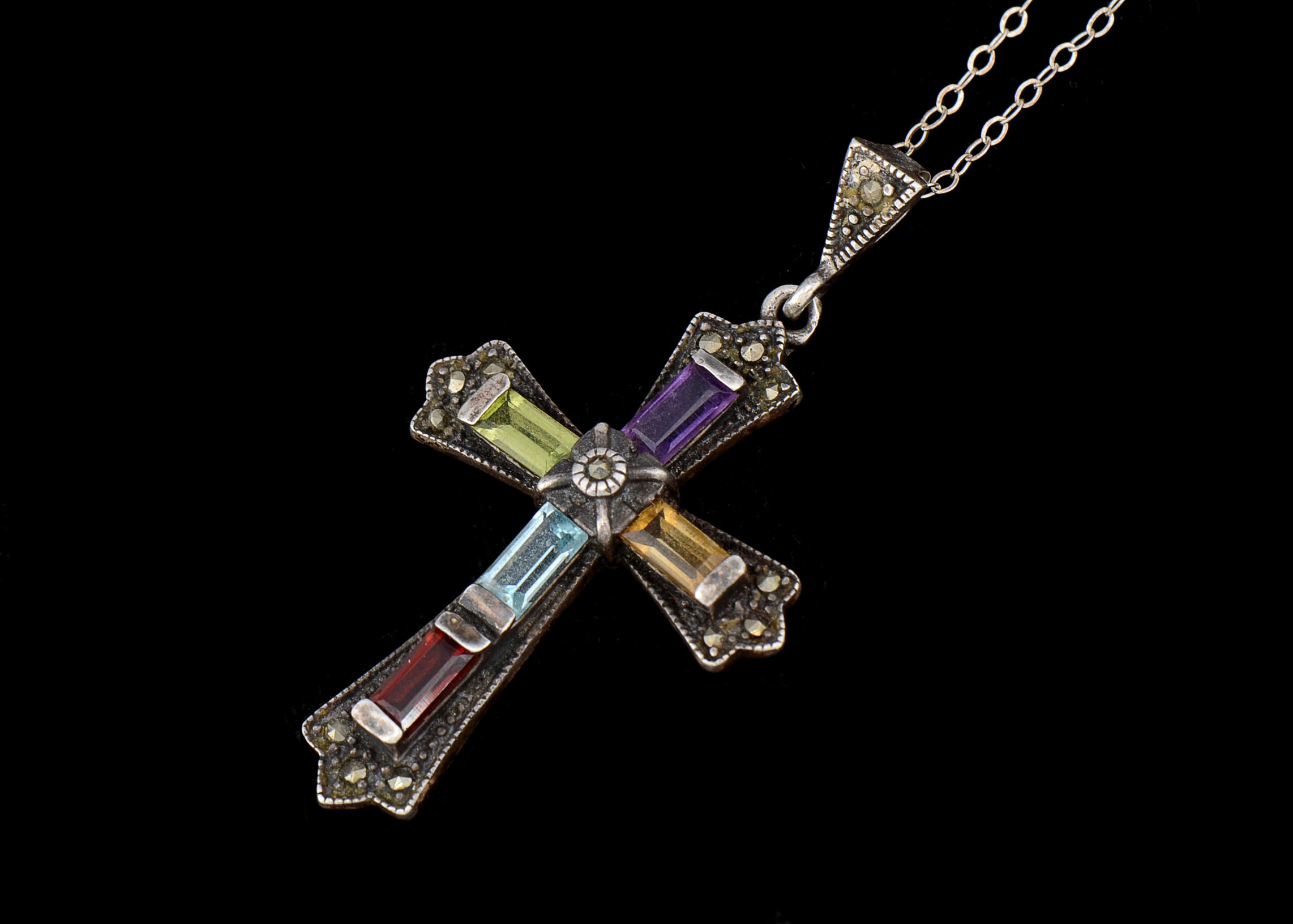 Sterling Cross with Peridot, Citrine, Garnet, Amethyst and Topaz